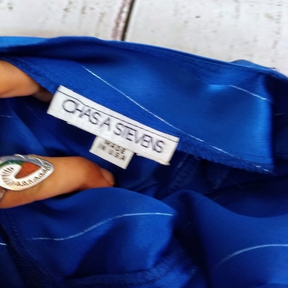 Blue slinky stripe ruched sleeve 80s dress - Picture 6 of 6